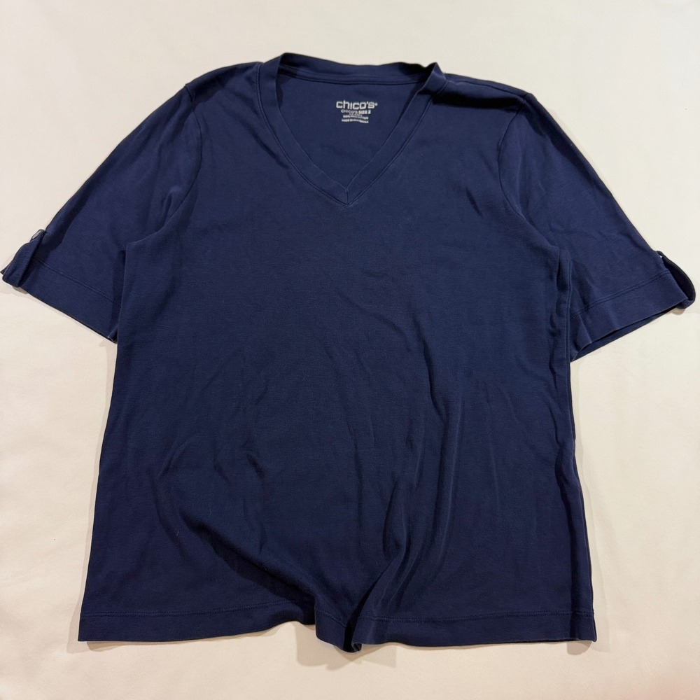Chico's V-Neck Tee Women Size L Navy Blue 100% Pima Cotton Button Tab Sleeve